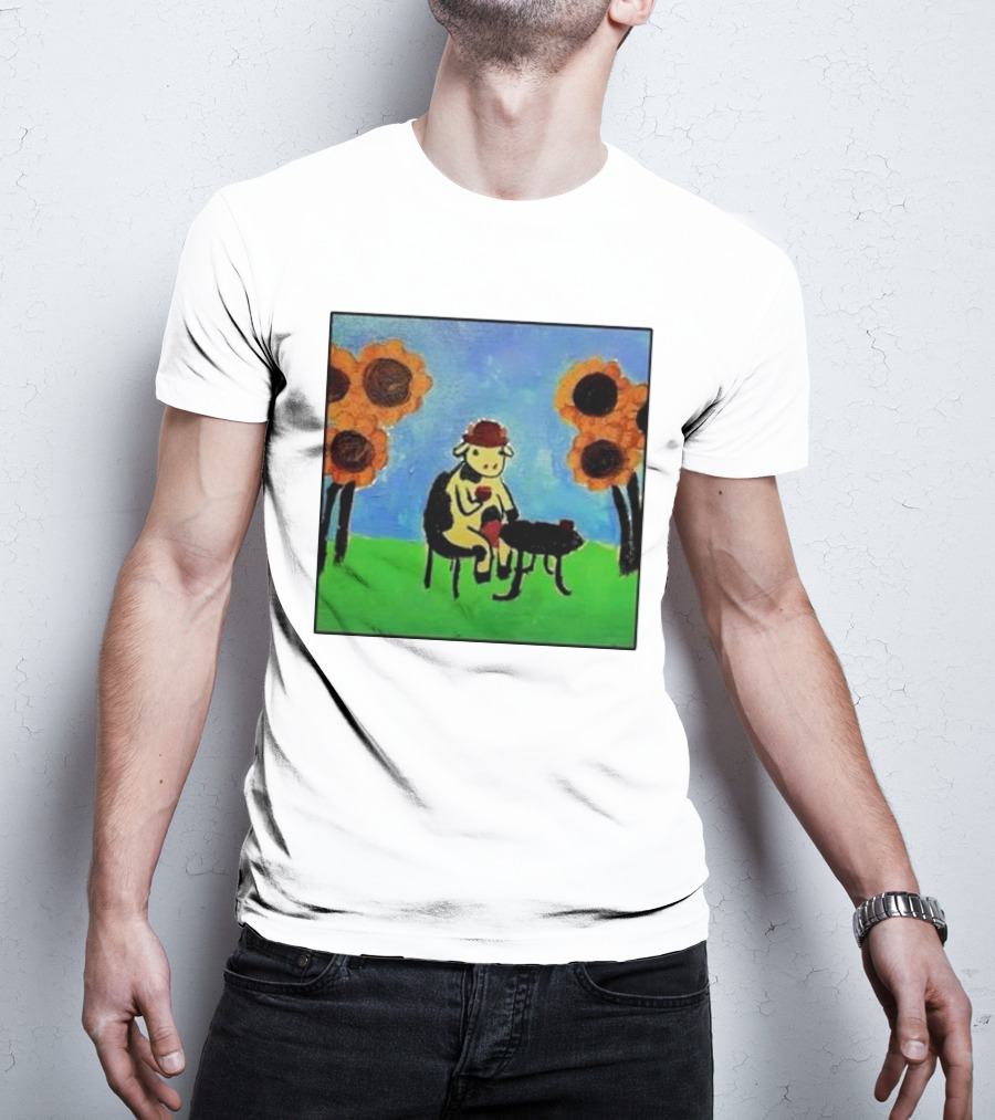 Cow Painting With Sunflowers And Tea Party Scene T-Shirt