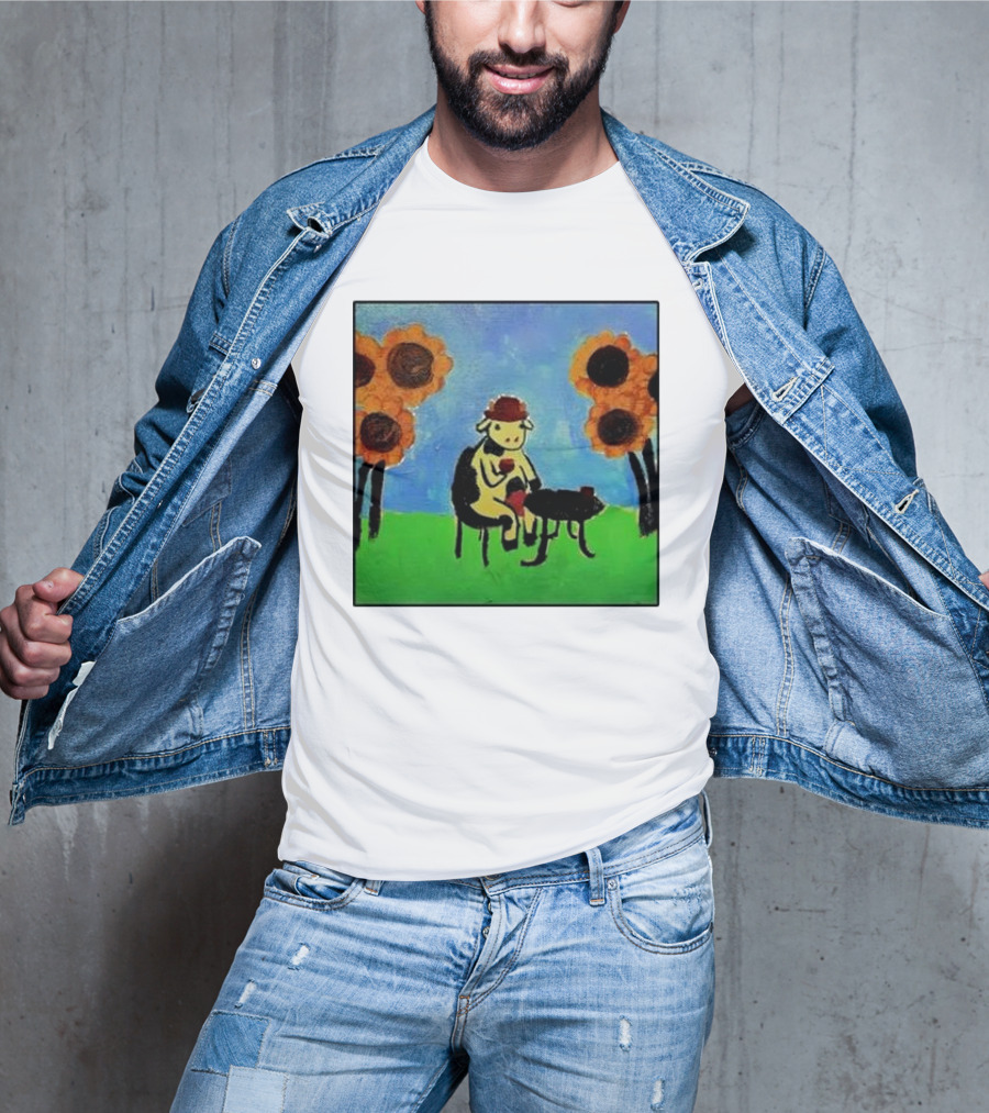 Cow Painting With Sunflowers And Tea Party Scene T-Shirt