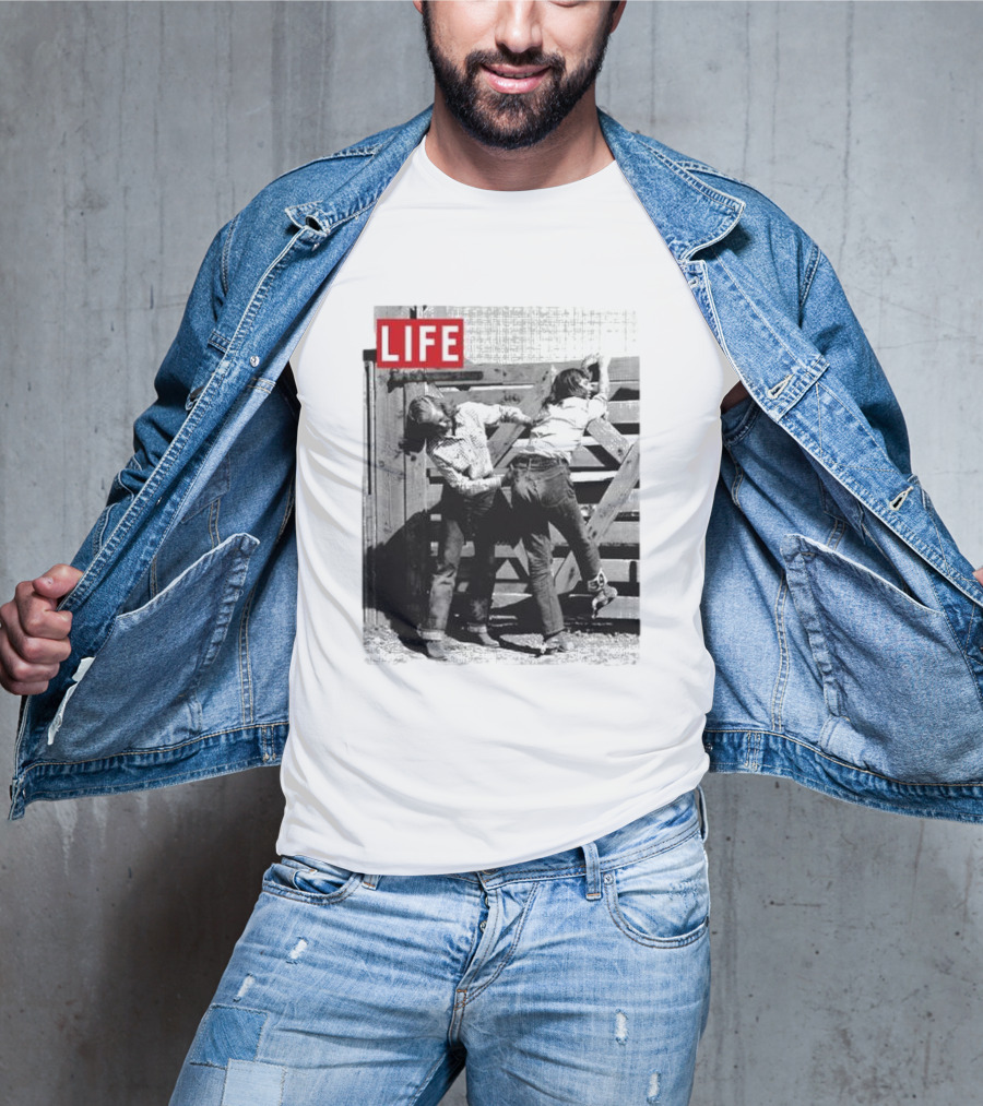Life Magazine Cowboy Boys Playful Dust Off Fence Scene T-Shirt