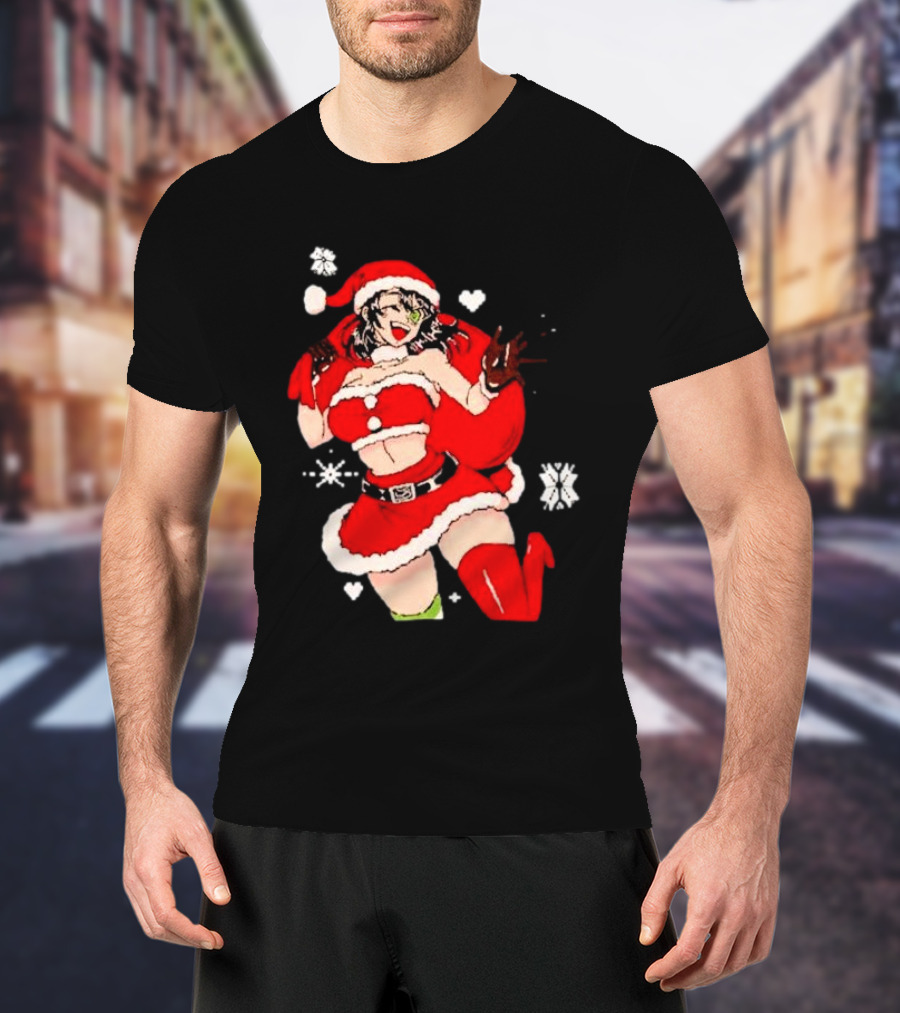 Supps Waifu Uwu Ugly Christmas Santa Anime Girl In Red Outfit With Snowflakes And Hearts T-Shirt