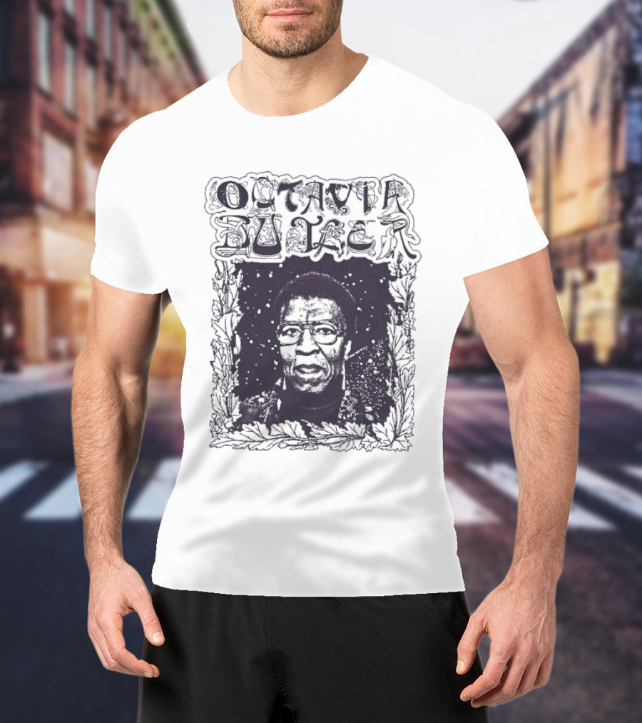 Octavia Butler Portrait With Leafy Cosmic Border T-Shirt