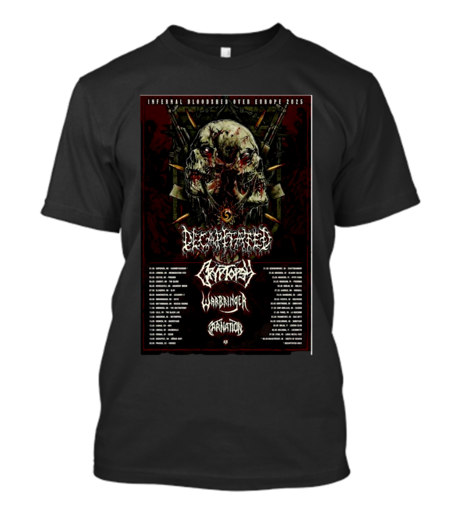 Decapitated Infernal Bloodshed Over Europe 2025 With Decapitated, Artillery, Warbringer, And Carnation T-Shirt