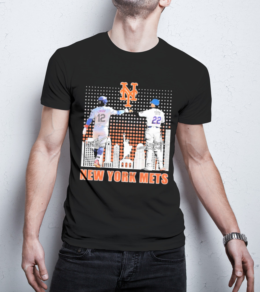 New York Mets Lindor Soto The Man The Myth The Legends 2025 New York City Skyline Statue Of Liberty T-Shirt