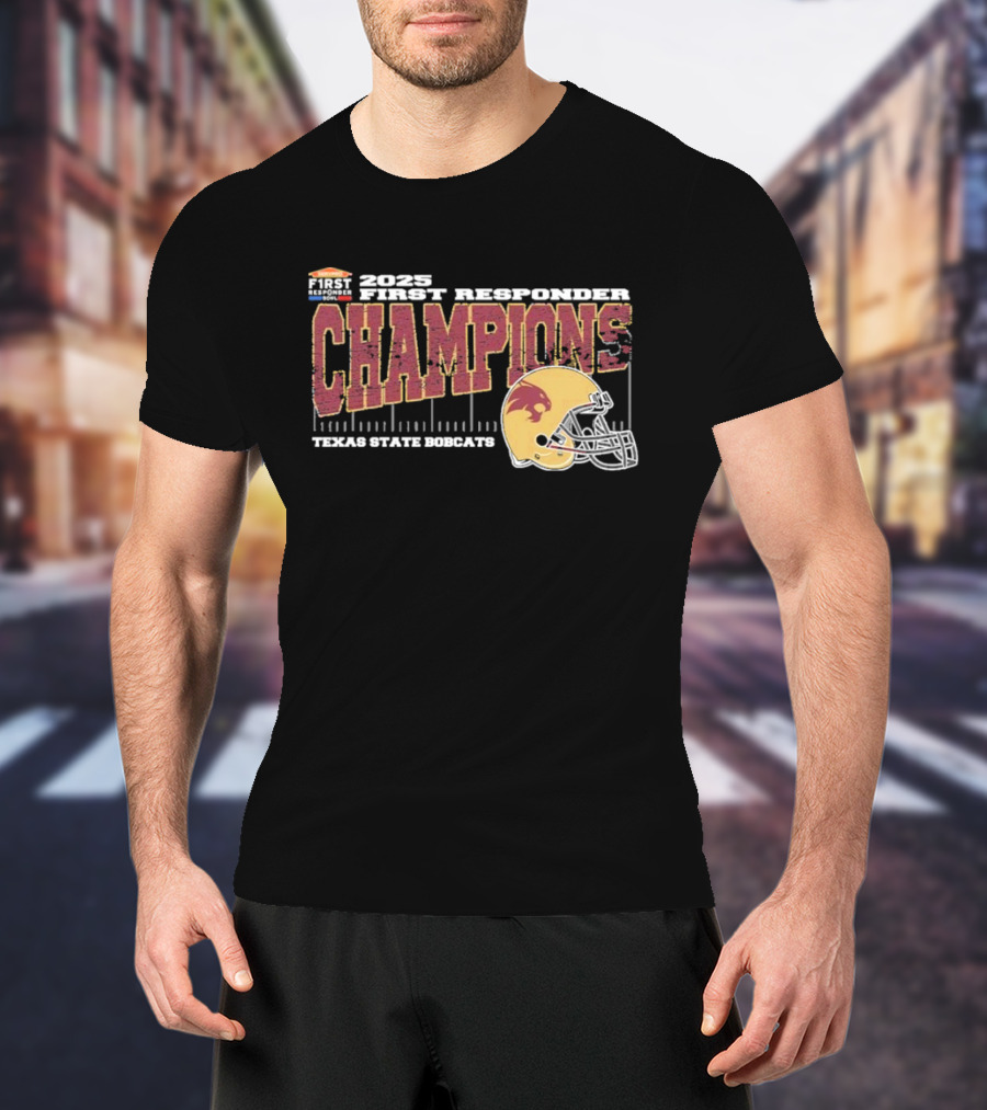 2025 Texas State Bobcats First Responder Bowl Champions Vintage Style Helmet College Football T-Shirt