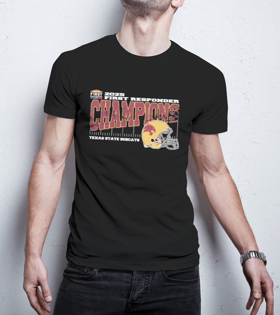 2025 Texas State Bobcats First Responder Bowl Champions Vintage Style Helmet College Football T-Shirt