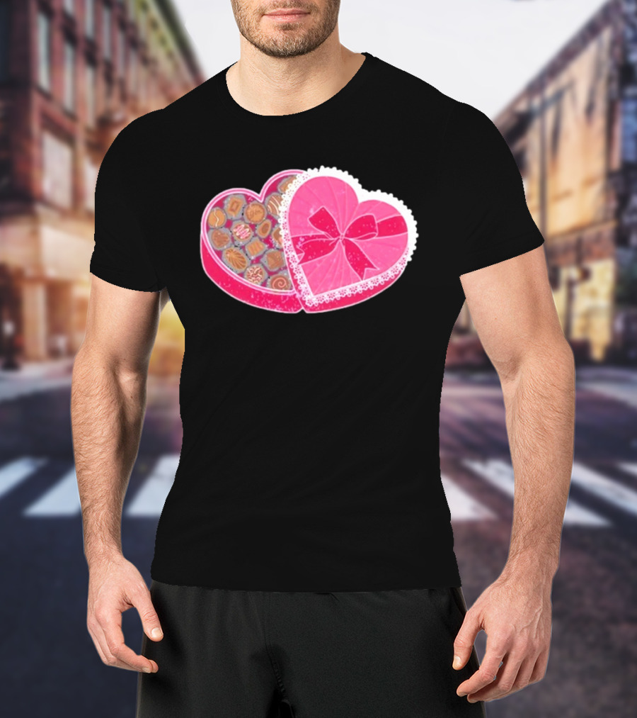 Living Fully Co Heart-Shaped Box Of Chocolates With Pink Bow And Lace Trim T-Shirt