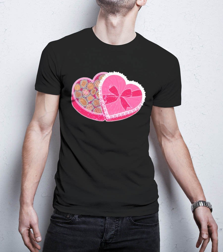 Living Fully Co Heart-Shaped Box Of Chocolates With Pink Bow And Lace Trim T-Shirt