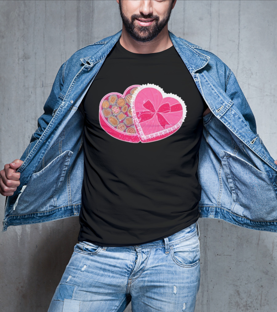 Living Fully Co Heart-Shaped Box Of Chocolates With Pink Bow And Lace Trim T-Shirt
