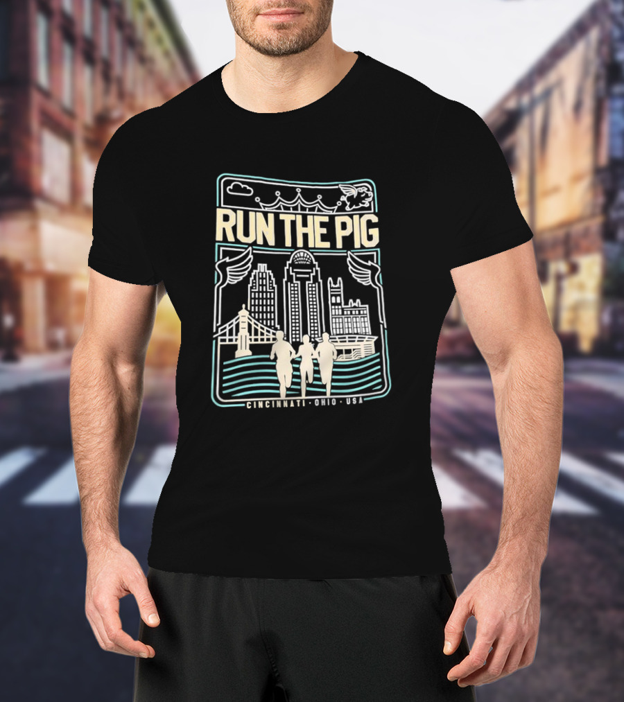 RUN THE PIG Skyline And Runners Cincinnati Ohio USA T-Shirt
