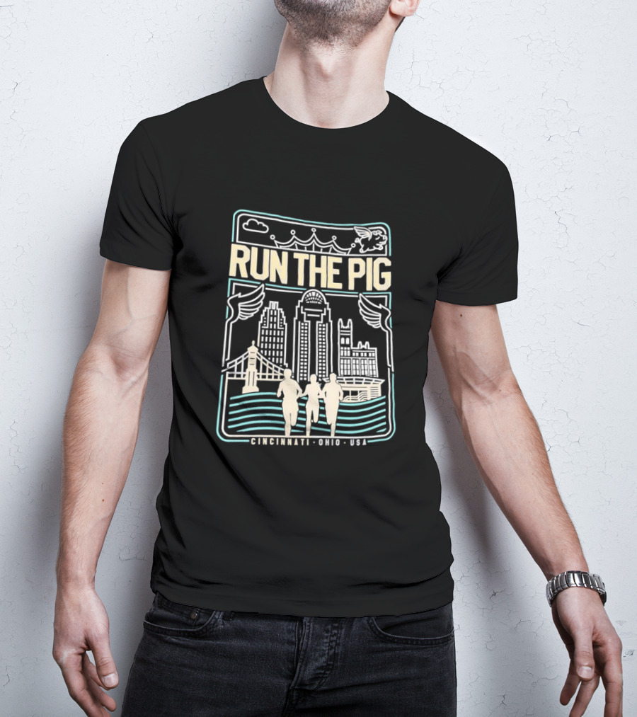 RUN THE PIG Skyline And Runners Cincinnati Ohio USA T-Shirt