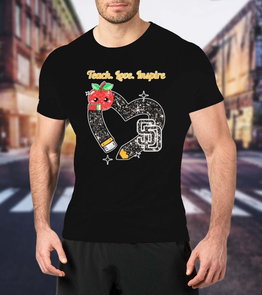 Teach Love Inspire San Diego Padres Sparkling Heart Apple Pencil T-Shirt