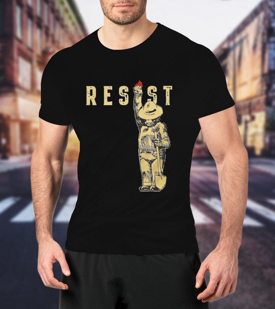 "Smokey Resist Firefighter Bear With Raised Fist And Shovel" T-Shirt