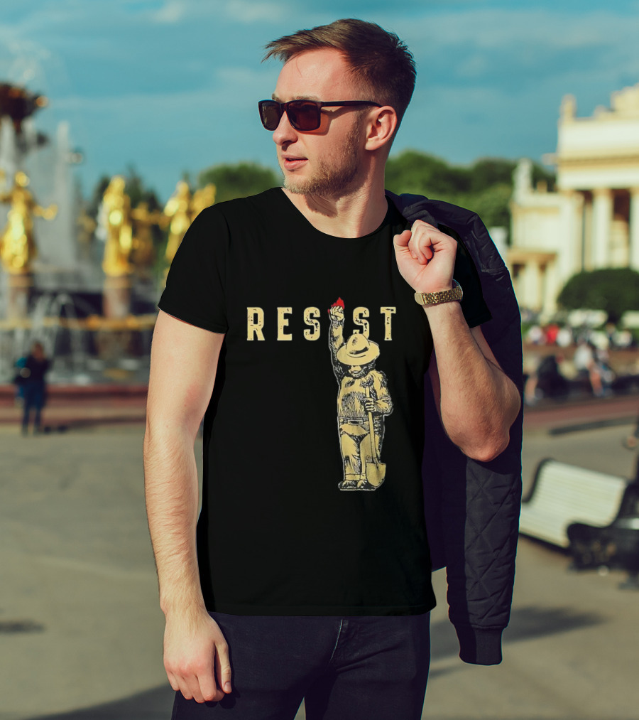 "Smokey Resist Firefighter Bear With Raised Fist And Shovel" T-Shirt