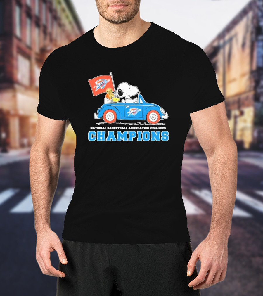 Snoopy Woodstock Peanuts Driving Car NBA Champions 2024 2025 OKC T-Shirt