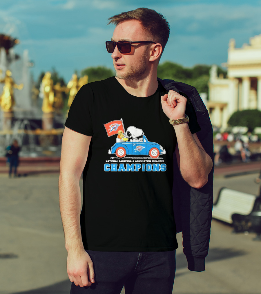 Snoopy Woodstock Peanuts Driving Car NBA Champions 2024 2025 OKC T-Shirt