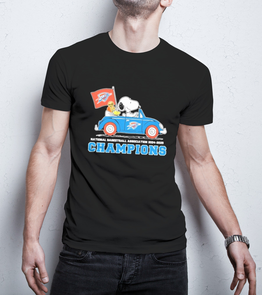 Snoopy Woodstock Peanuts Driving Car NBA Champions 2024 2025 OKC T-Shirt