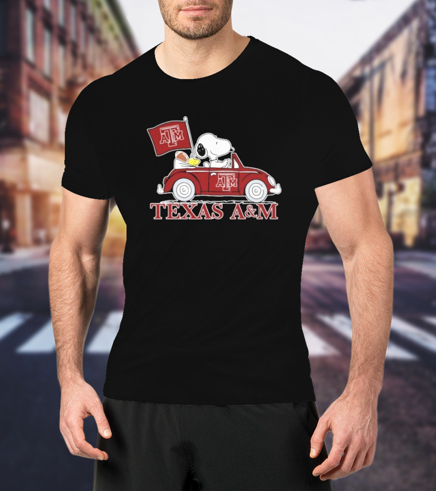 Snoopy Woodstock Driving Texas A&M Car Peanuts T-Shirt