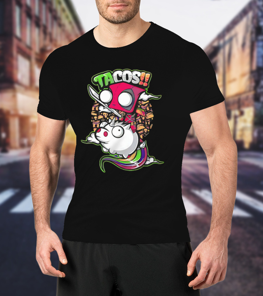 Tacos Deadpool Riding Unicorn Surrounded By Tacos Cartoon T-Shirt