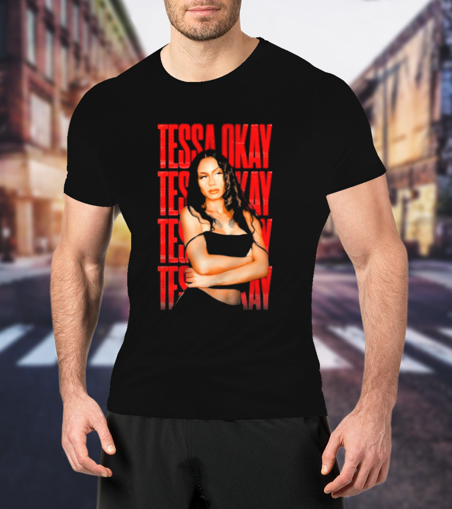 Tessa Okay Bold Red Typography With Crossed-Arms Portrait T-Shirt
