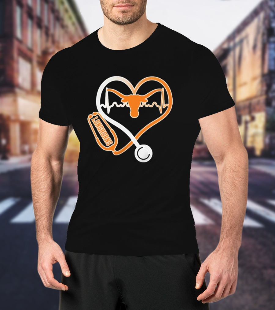 Texas Longhorns Caring Hearts Nurse Stethoscope Heartbeat T-Shirt
