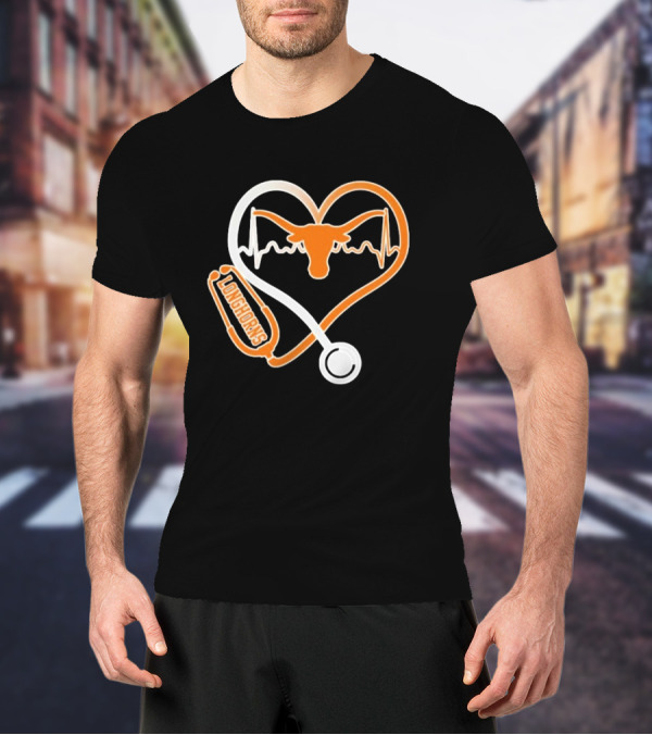 Texas Longhorns Caring Hearts Nurse Stethoscope Heartbeat T-Shirt