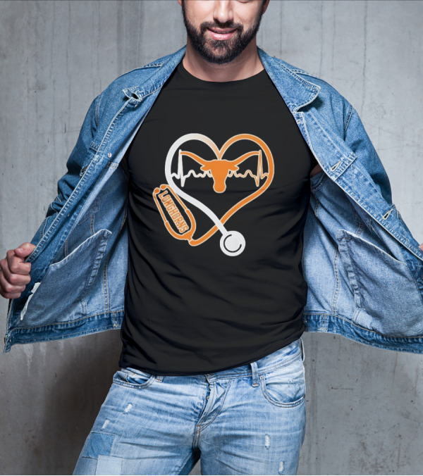 Texas Longhorns Caring Hearts Nurse Stethoscope Heartbeat T-Shirt