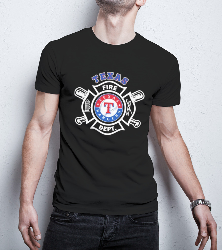 Texas Rangers Fire Dept Firefighters Maltese Cross Badge T-Shirt