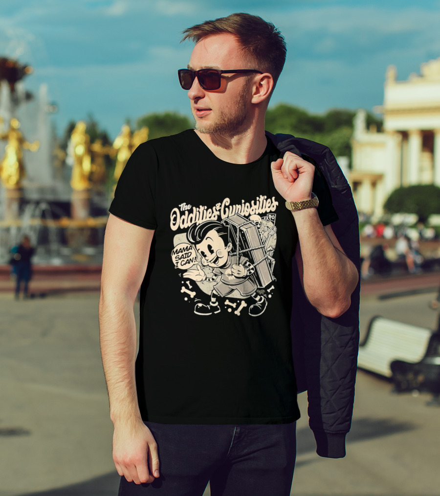 The Oddities And Curiosities Expo Mama Said I Can Skeleton Cartoon Character Carrying Coffin T-Shirt