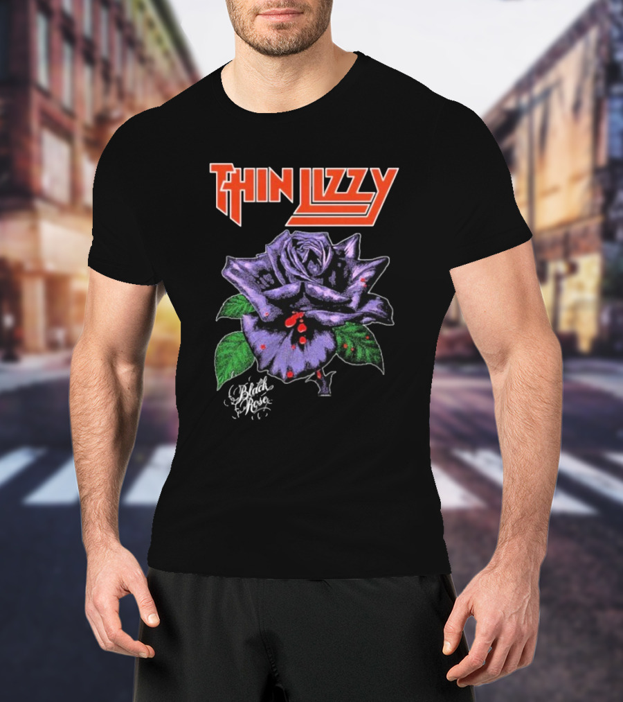 Thin Lizzy Black Rose With Purple Flower And Green Leaves T-Shirt