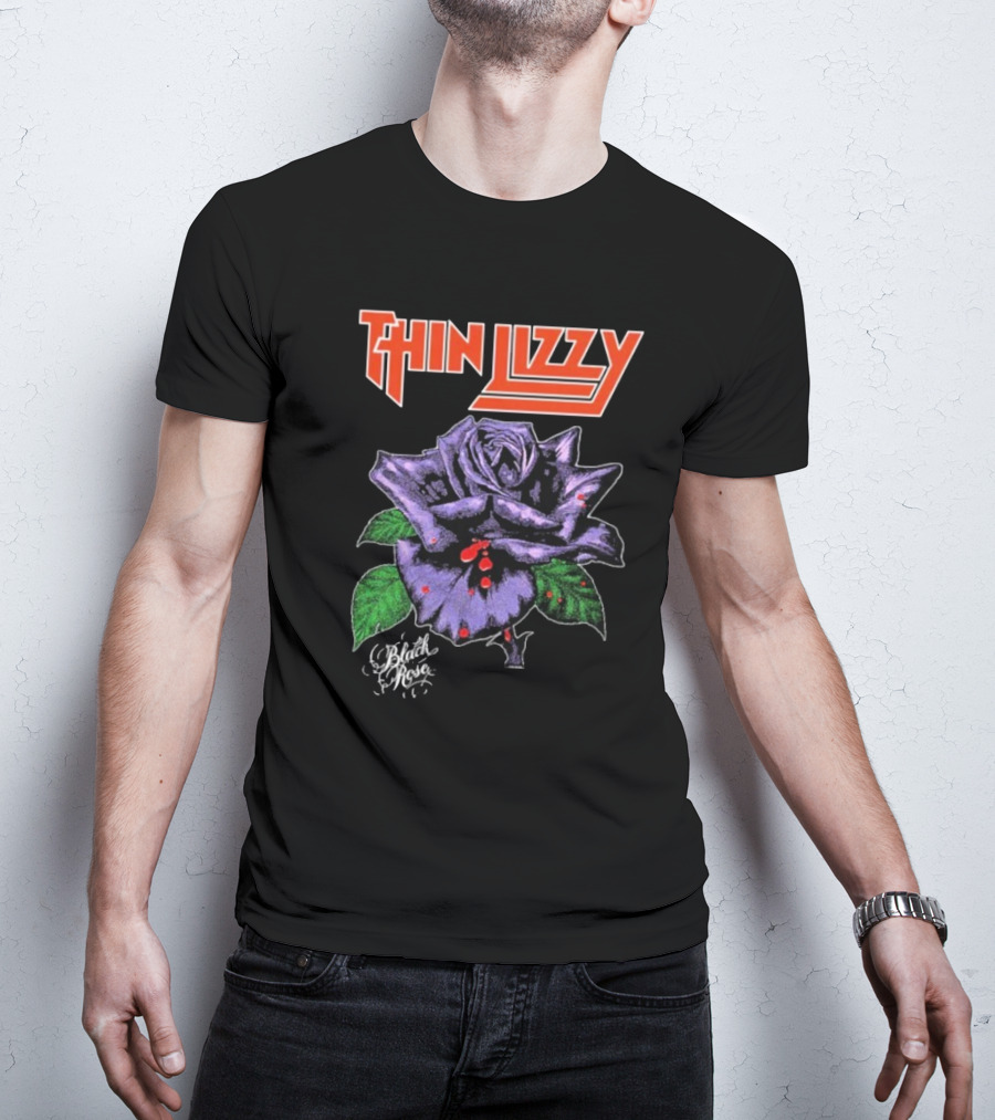 Thin Lizzy Black Rose With Purple Flower And Green Leaves T-Shirt