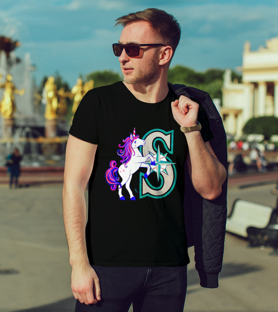Unicorn Seattle Mariners Baseball Emblem With Compass And Stars T-Shirt