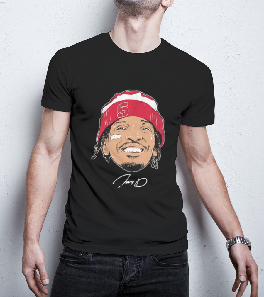 Washington Commanders Jayden Daniels Signature Face Bandage Number 5 Beanie T-Shirt
