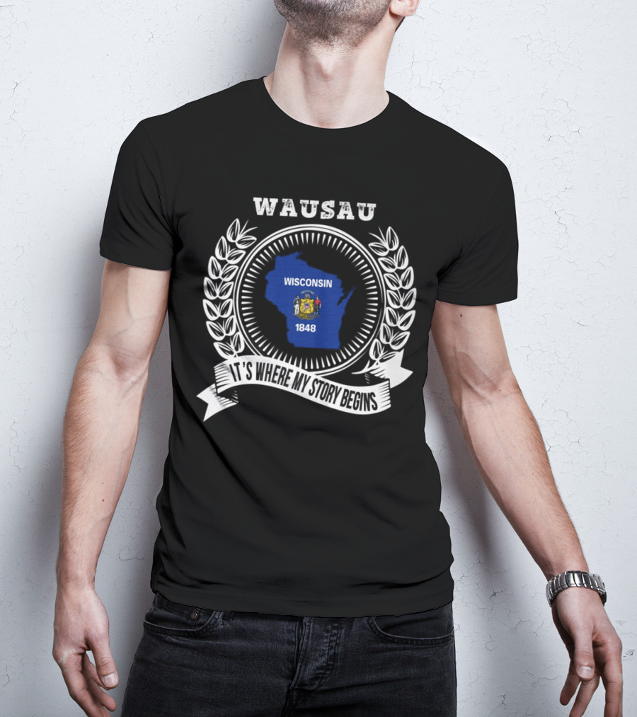 WAUSAU Wisconsin 1848 State Outline Emblem T-Shirt