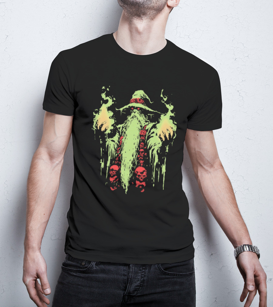 Wizard Of Doom Psychedelic Wizardry With Glowing Aura And Skull Elements T-Shirt