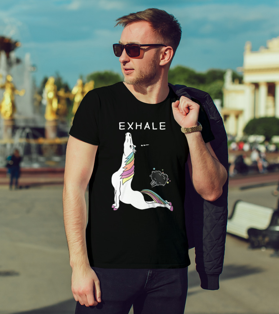 Exhale Yoga Unicorn Pose With Rainbow Mane And Magical Cloud T-Shirt