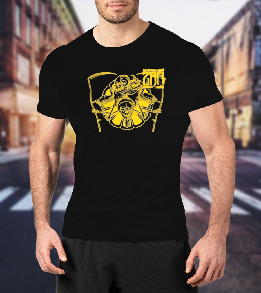 Zao Croatoan Skeleton With Scythe And Chains Monochrome Design T-Shirt