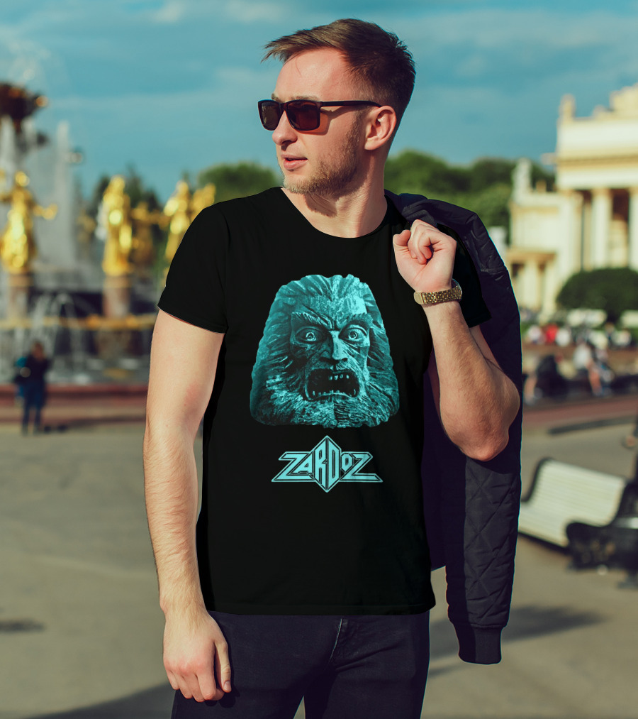 Zardoz Stone Head Blue Face With Logo T-Shirt