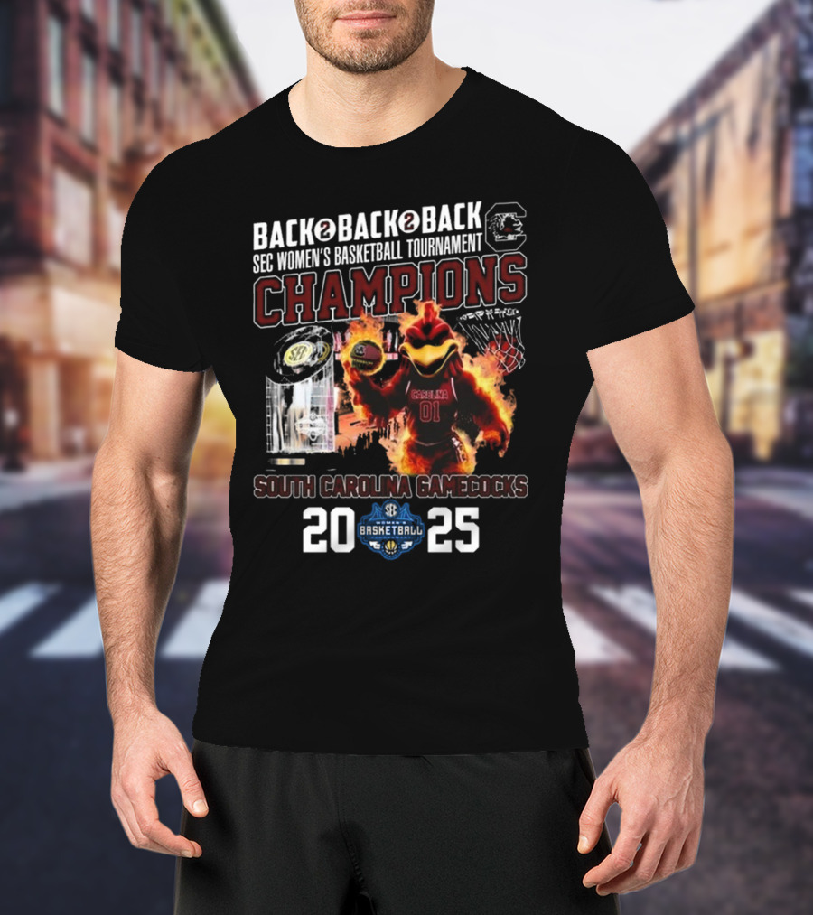 South Carolina Gamecocks 2025 Back To Back To Back SEC Women's Basketball Tournament Champions T-Shirt