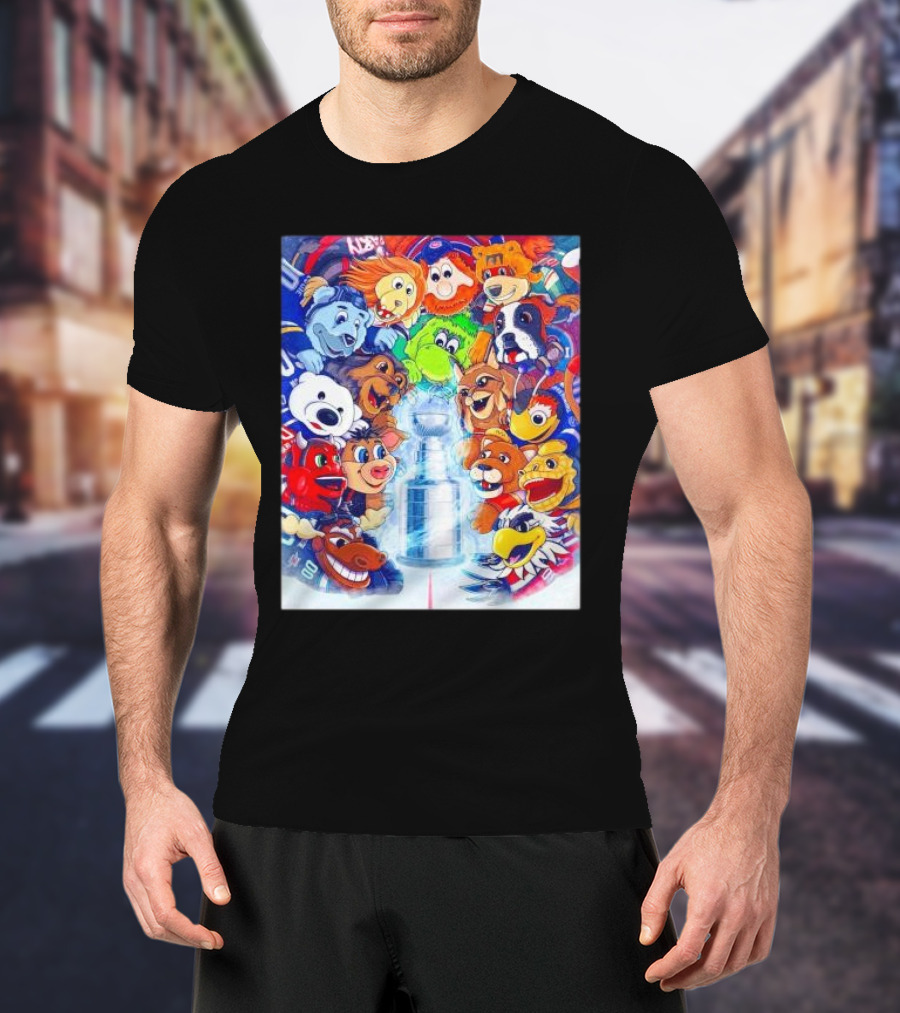 Stanley Cup Playoffs 2025 Mascots With NHL Team Icons Featuring Iconic Trophy T-Shirt