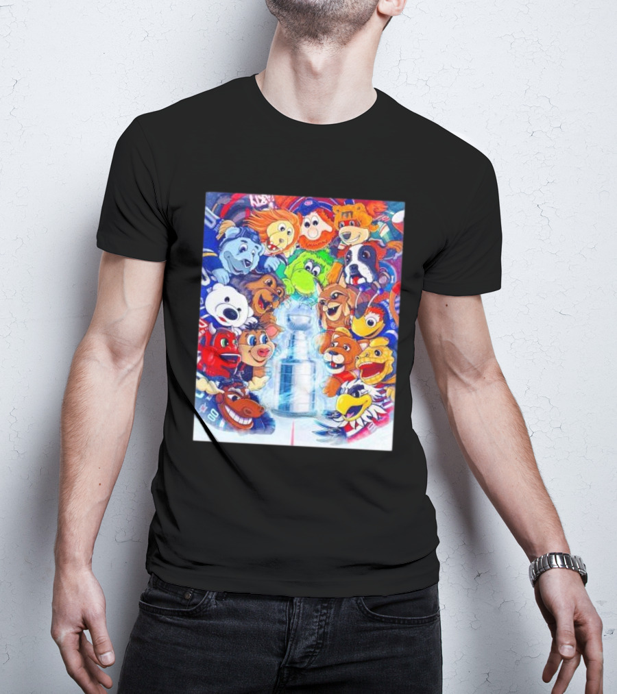 Stanley Cup Playoffs 2025 Mascots With NHL Team Icons Featuring Iconic Trophy T-Shirt
