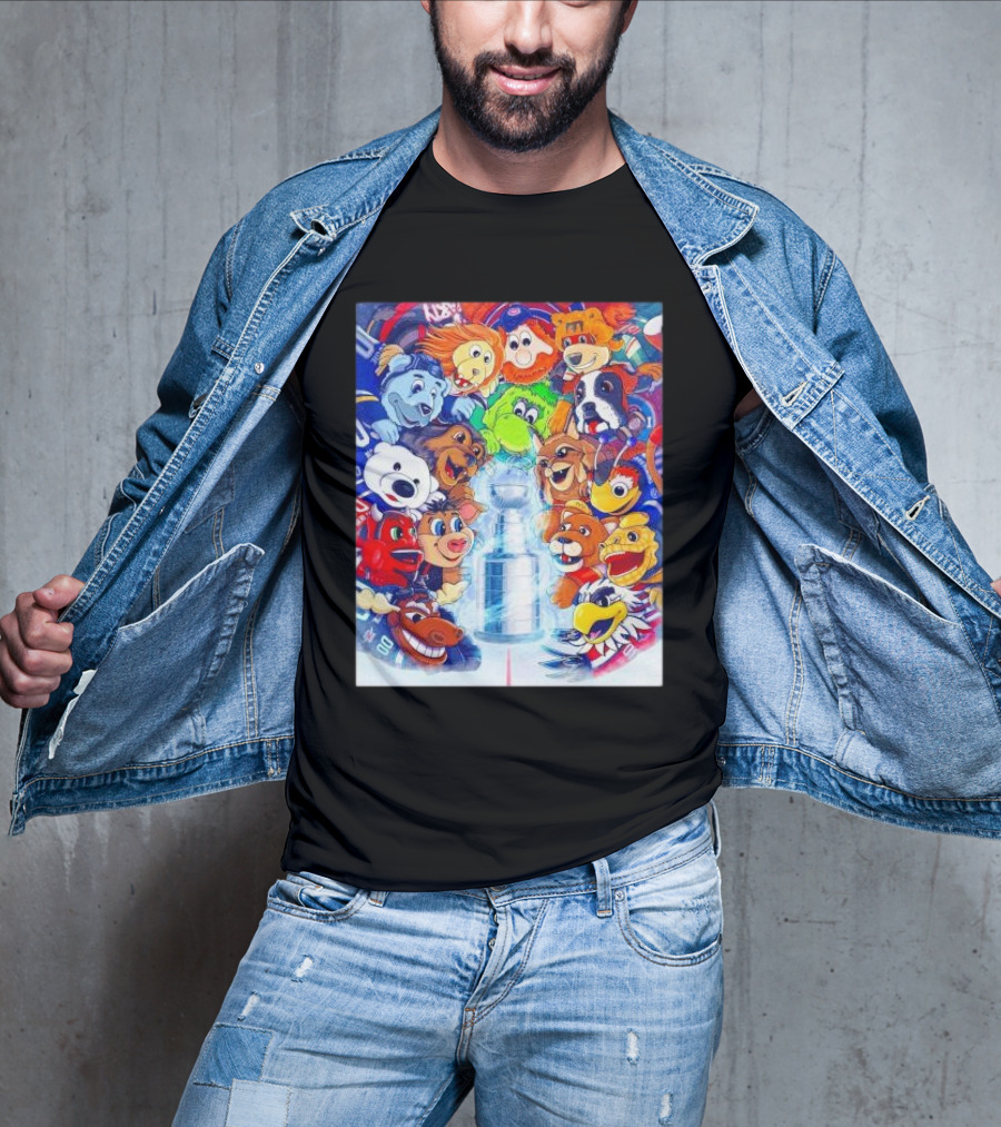 Stanley Cup Playoffs 2025 Mascots With NHL Team Icons Featuring Iconic Trophy T-Shirt