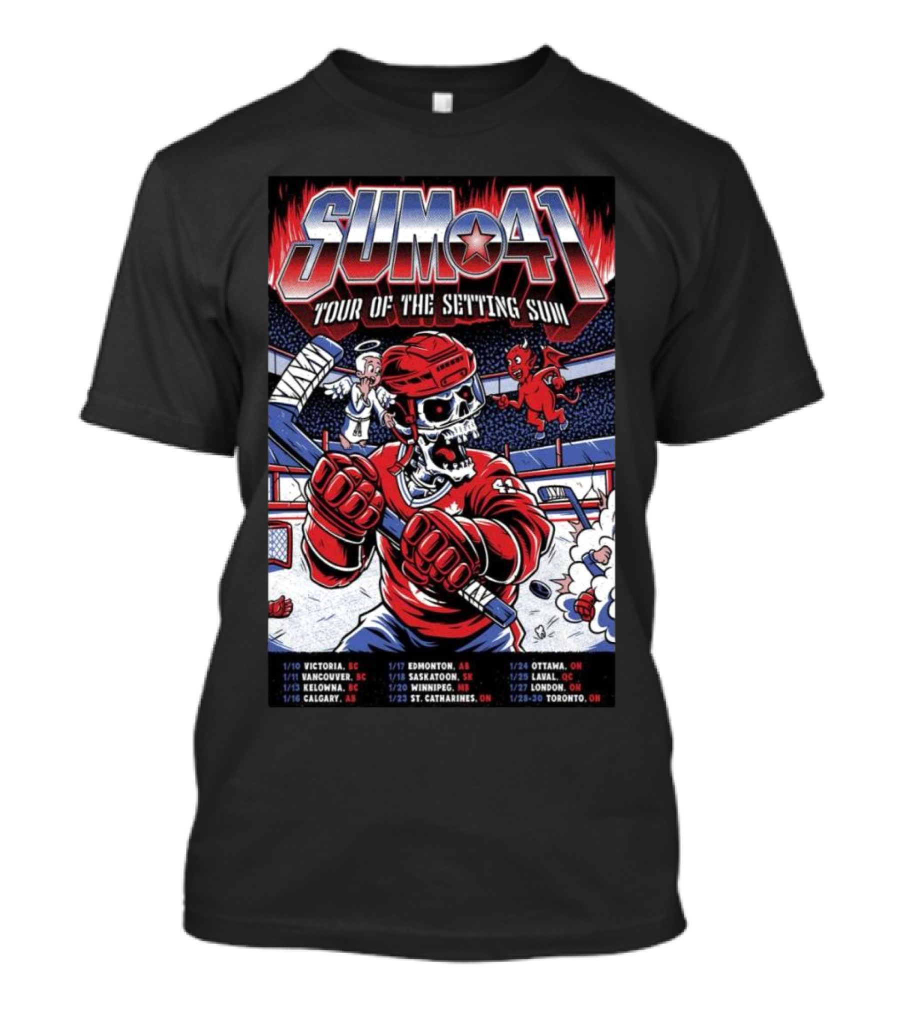 Sum 41 Tour Of The Setting Sun 2025 Canadian Tour Dates Hockey Skeleton Angel Devil Theme T-Shirt