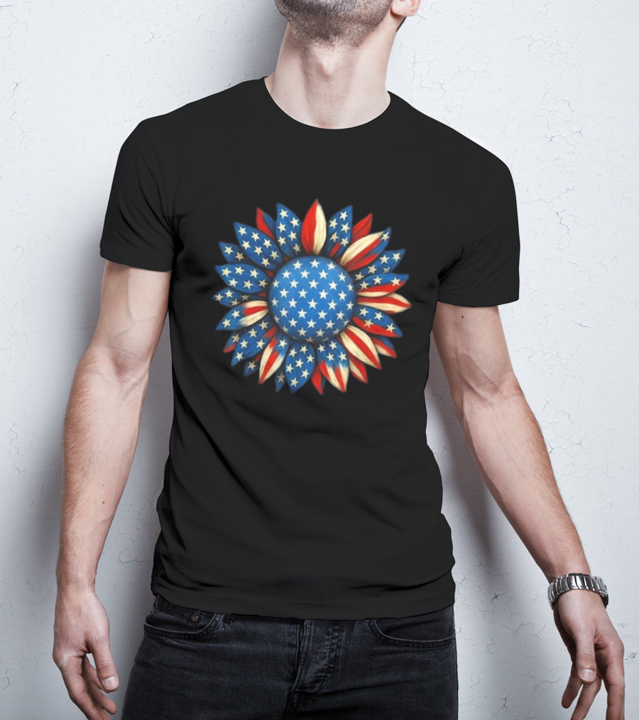 Sunflower American Flag 4th Of July Women Men Merica USA Patriotic Flower T-Shirt