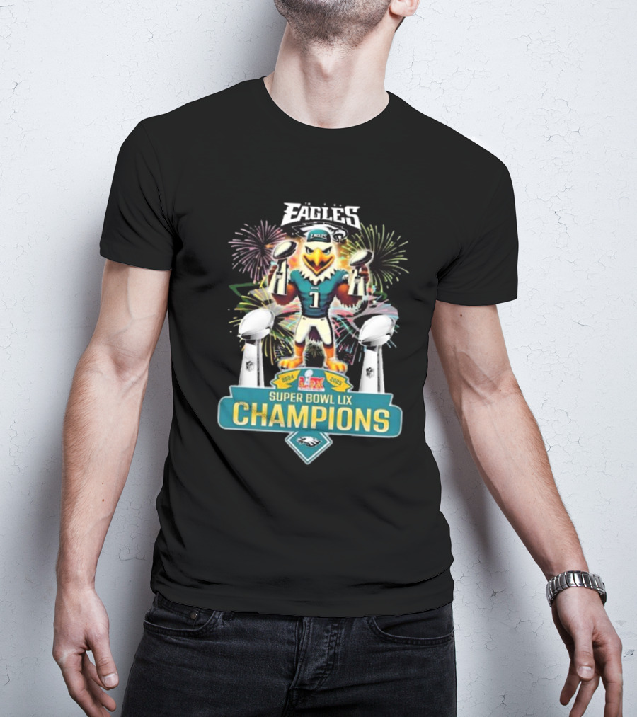 Super Bowl LIX Champions 2024 2025 Philadelphia Eagles Mascot Fireworks Celebration T-Shirt