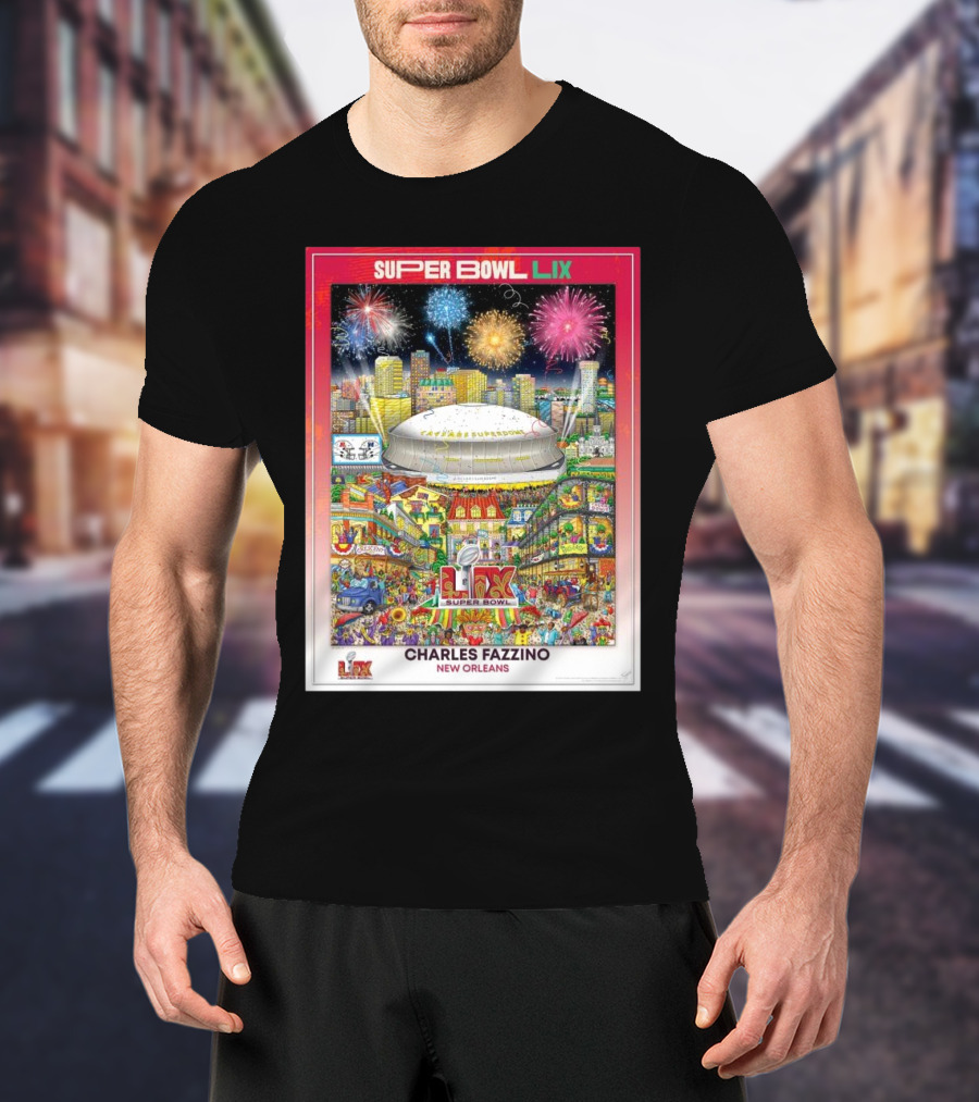 Super Bowl LIX New Orleans 2025 Charles Fazzino Official NFL Football Commemorative Pop Stadium Fireworks Art T-Shirt