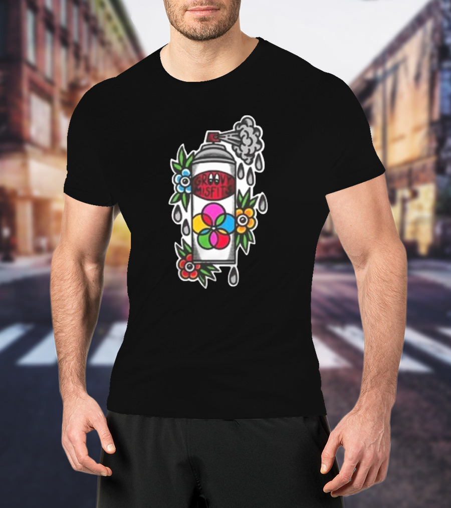 Tan Clemons Groovy Misfits Rattle Can Flower Power Design T-Shirt