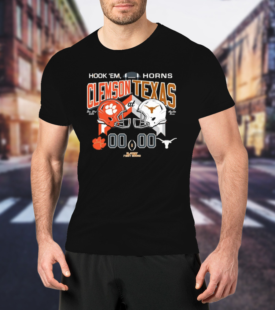 Hook 'Em Horns Clemson At Texas Playoff First Round Score 2024 T-Shirt