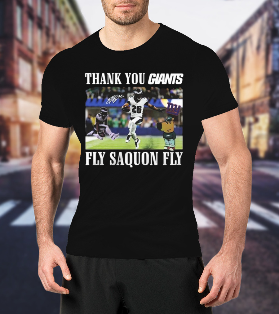 Thank You Giants Fly Saquon Fly 26 Autograph NFL New York Sports Cartoon Dog T-Shirt