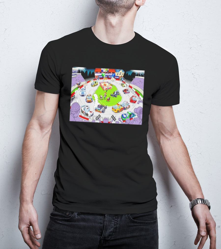 The Clash At Bowman Gray Stadium NASCAR Racing Daytona 500 Cartoon Track Scene T-Shirt
