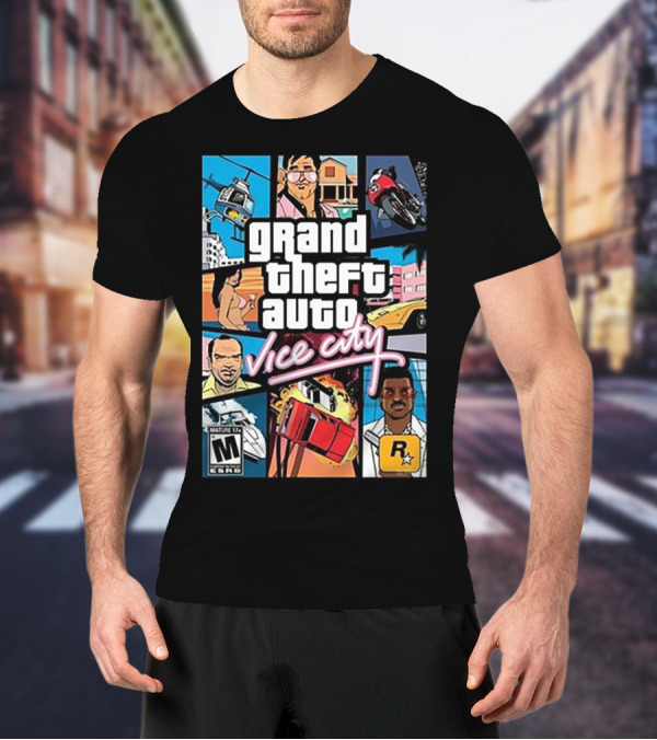 Grand Theft Auto Vice City Game Cover Art Helicopter Motorcycle Car Explosion R Star Logo T-Shirt